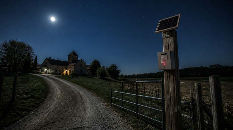Alarme solaire sans fil installée sur un poteau au bout d'une longue allée de gravier la nuit