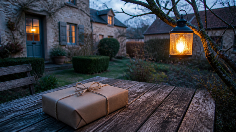 Idée cadeau jardinier : paquet posé sur une table de jardin au crépuscule d'automne