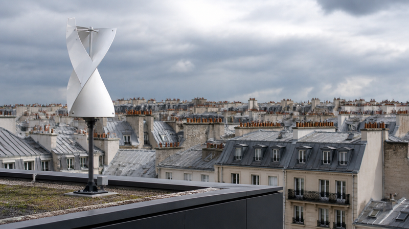 Éolienne verticale hélicoïdale sur le toit-terrasse d'une maison