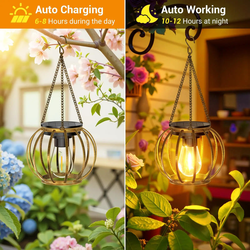 Lanterne solaire LED en fer forgé à suspendre pour jardin