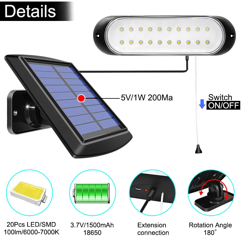 Lampe solaire 20 LED étanche avec ligne 5m et interrupteur