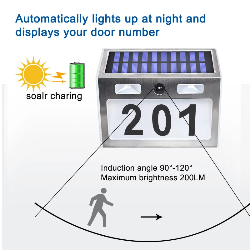 Lampe Solaire Numéro de Maison 200lm Éclairage Porte Jardin – installée en extérieur sur un mur