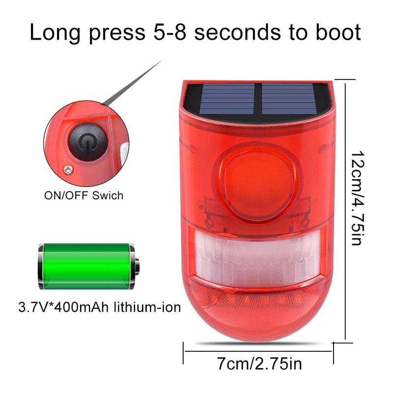 Lampe alarme solaire 6 LED rouge avec sirène et détecteur
