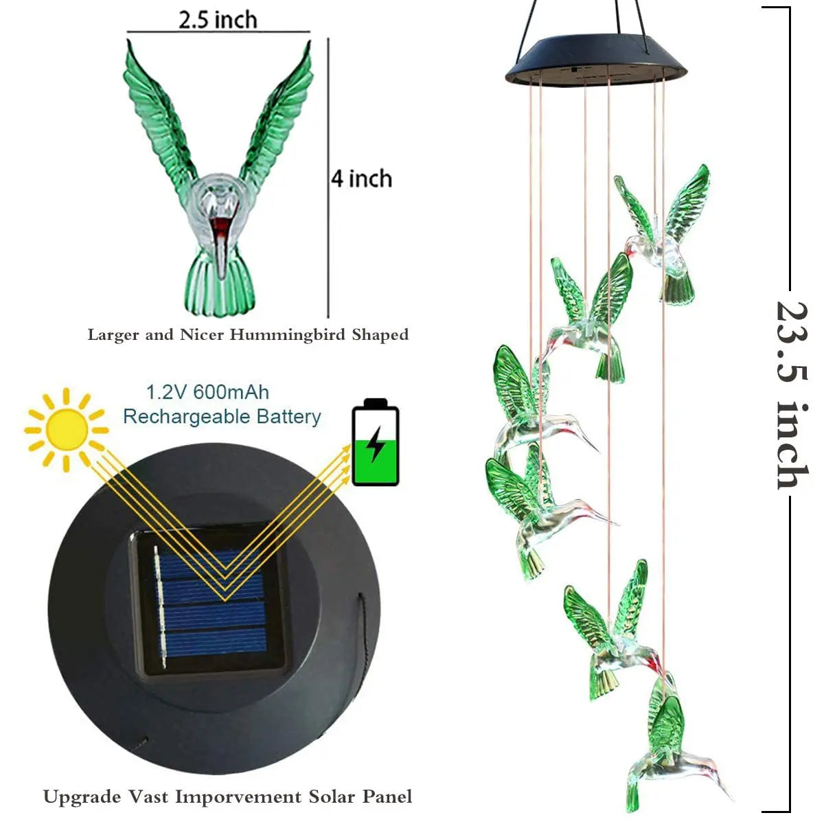 Carillon Solaire Colibri Lumineux Étanche pour Jardin