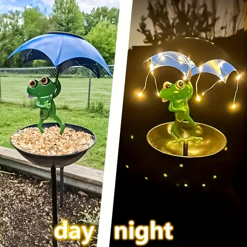 Statue grenouille solaire avec mangeoire à oiseaux pour jardin