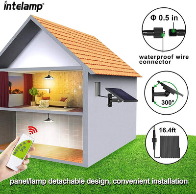 Lampe solaire suspendue éclairant une terrasse la nuit