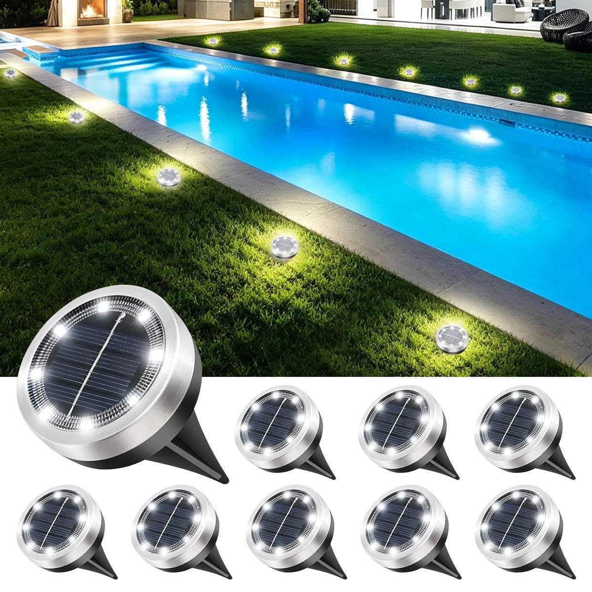 Lampe Solaire Allée 8 LED Inox Étanche IP65 Jardin Pelouse