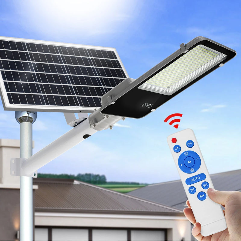 Lampadaire solaire 300W IP65 avec capteur crépuscule-aube pour jardin