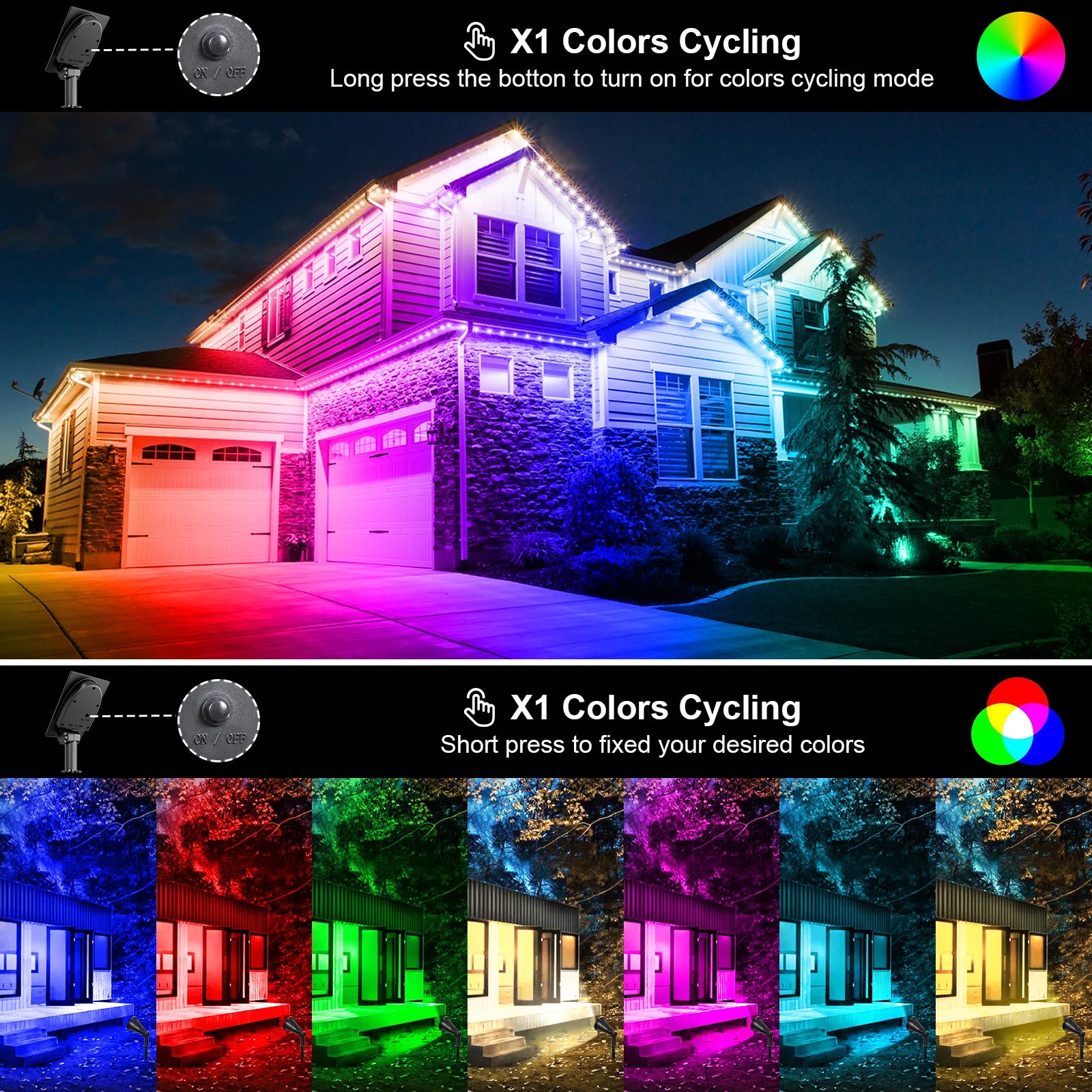 Projecteur solaire multicolore allumé la nuit