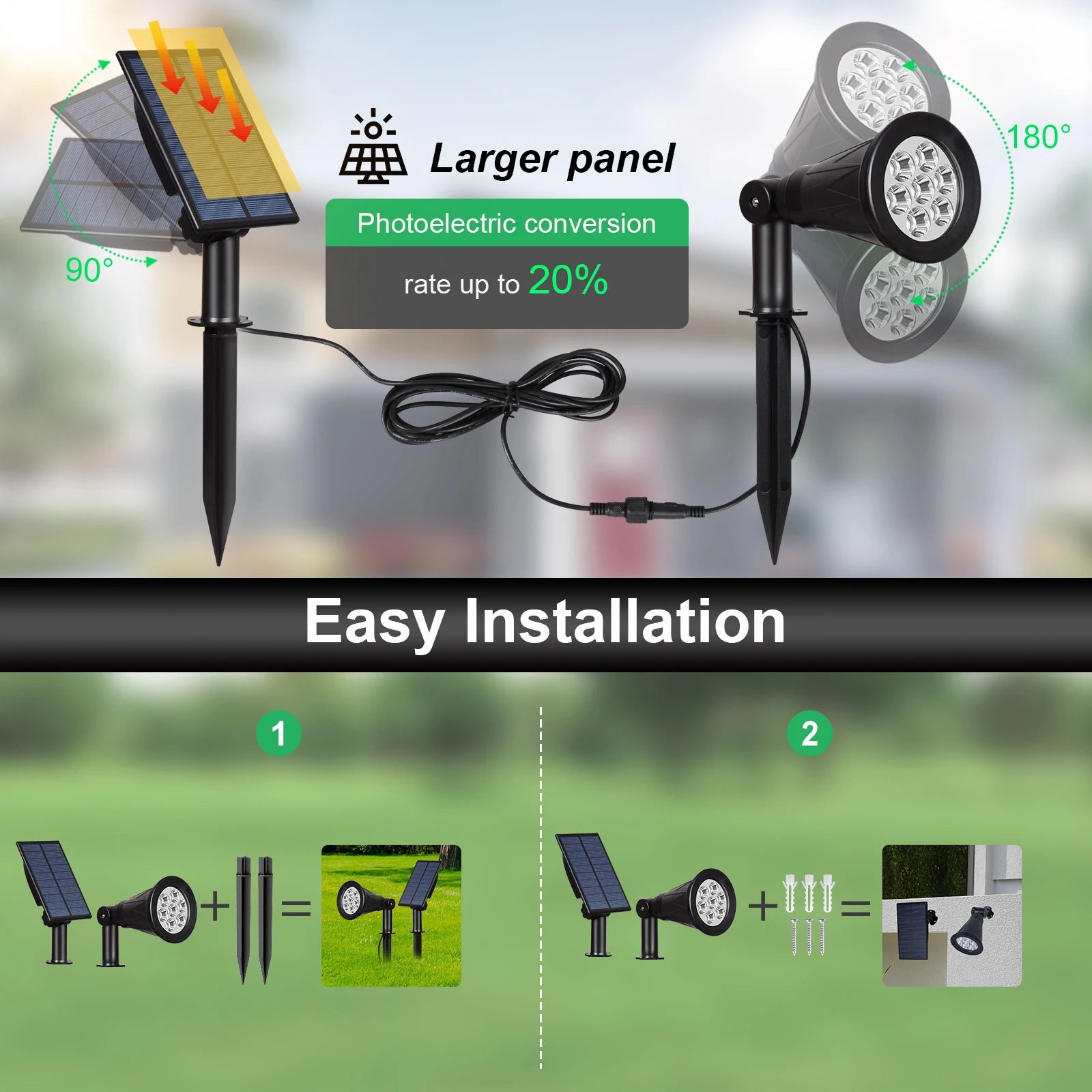 Projecteur solaire 7 LED étanche IP65 planté au jardin