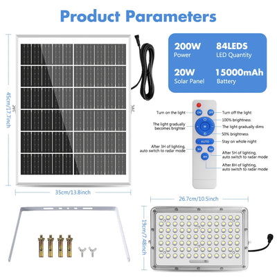 Réverbère Solaire Étanche 200W Capteur Lumière Extérieur 6500K LED