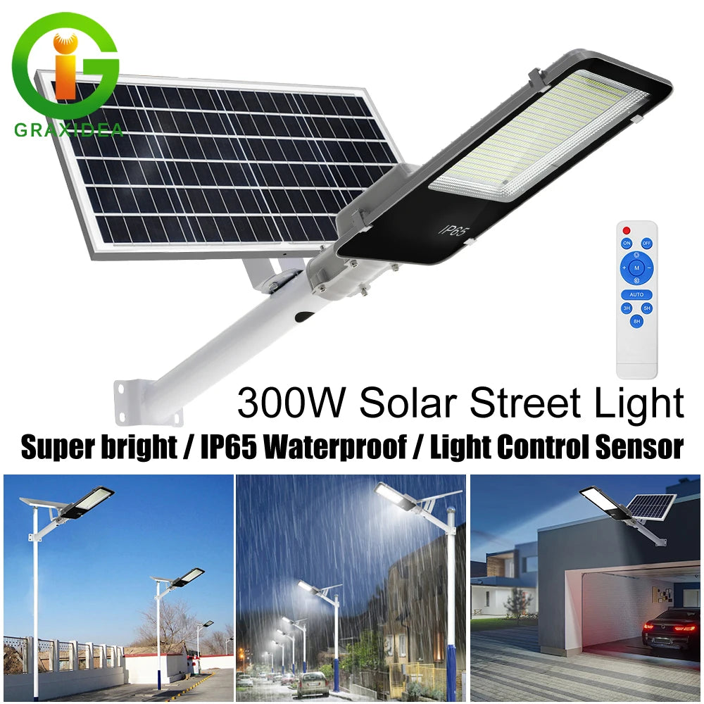 Lampadaire solaire 300W IP65 avec capteur crépuscule-aube pour jardin