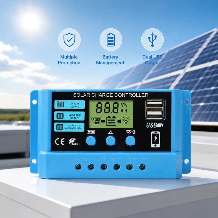 Régulateur Solaire PWM 10 à 30A 12V 24V LCD Double USB