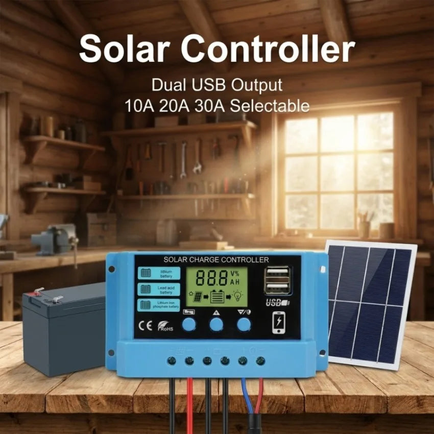 Régulateur Solaire PWM 10 à 30A 12V 24V LCD Double USB