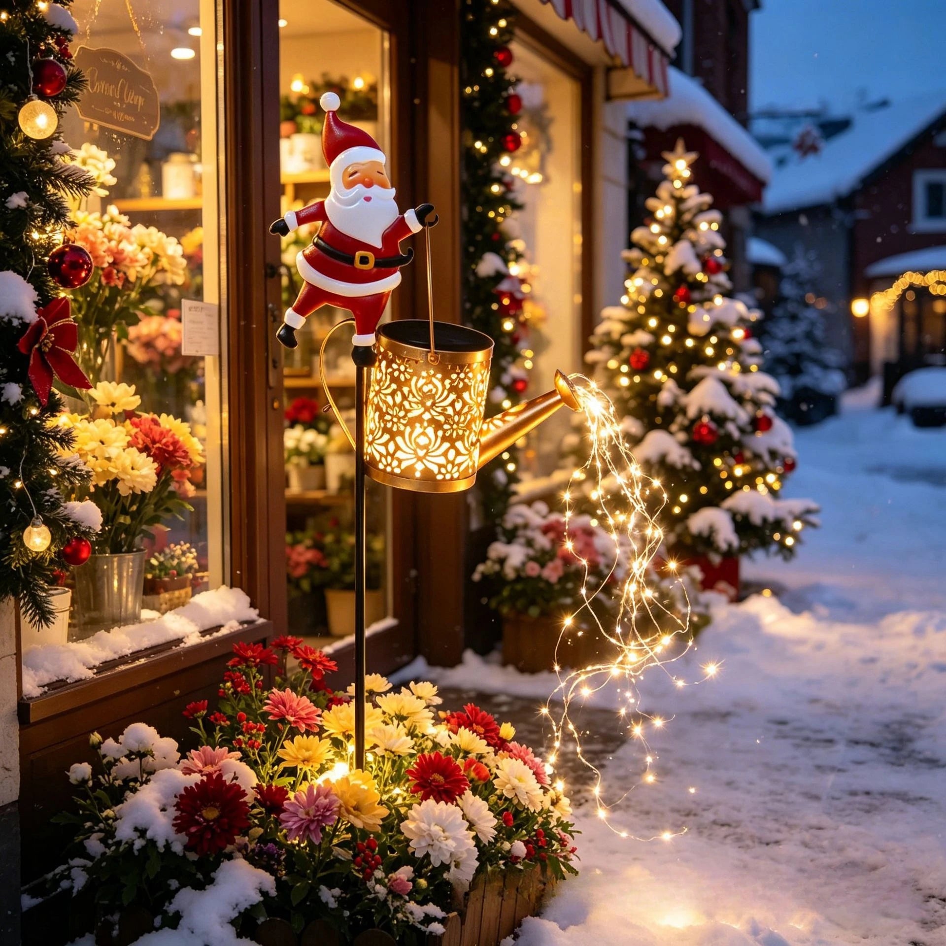 Lanterne Solaire Père Noël Arrosoir Lumineux en Métal