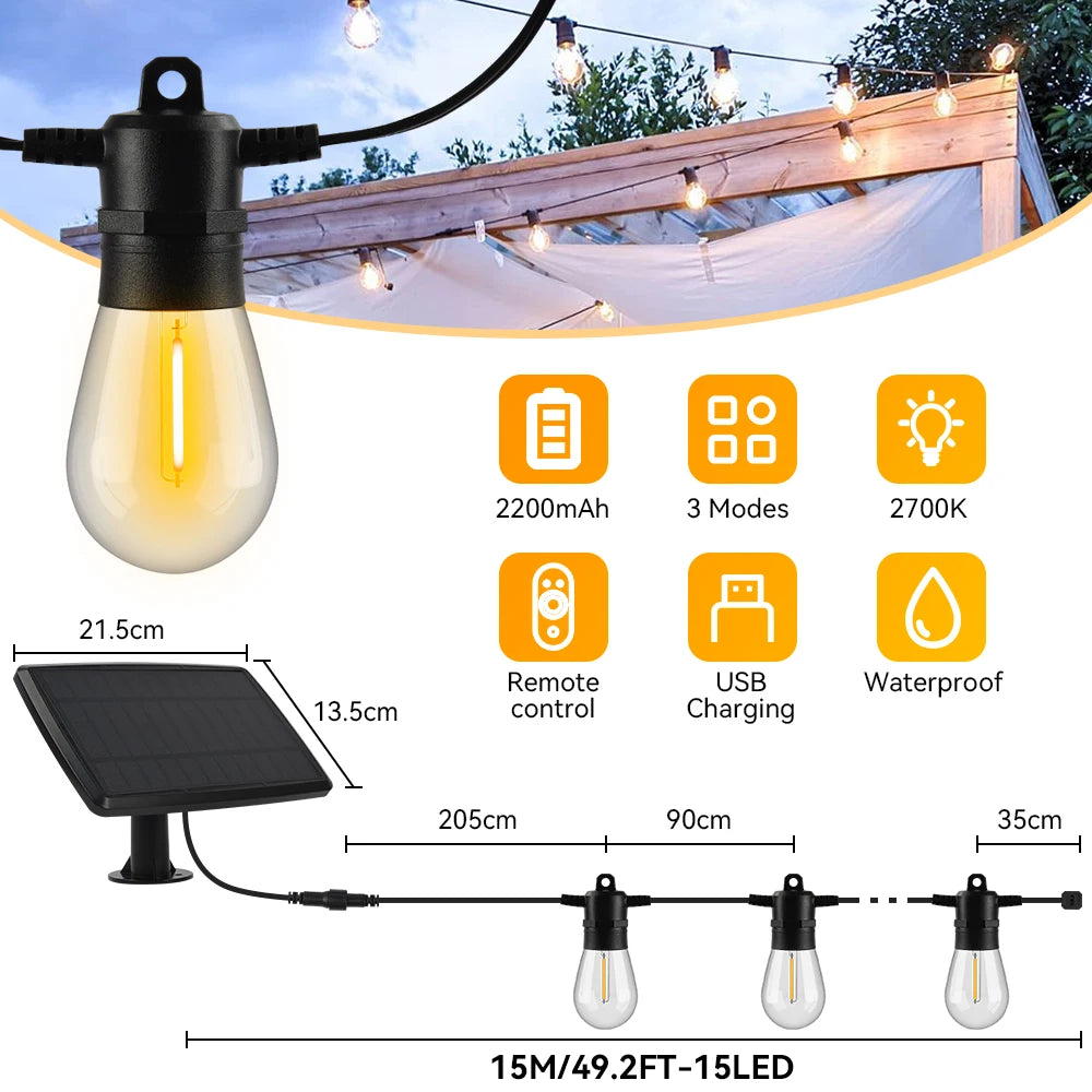 Guirlande Solaire LED S14 15m Étanche IP65 Jardin Mariage