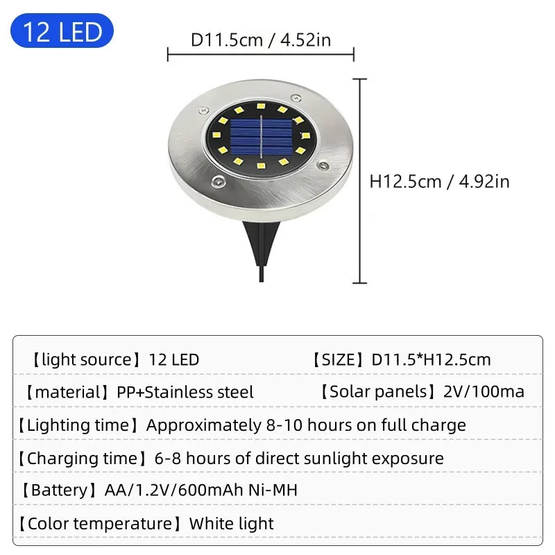 Lampe Solaire Disque Enterrée 8 à 20 LED IP65 Jardin Terrasse