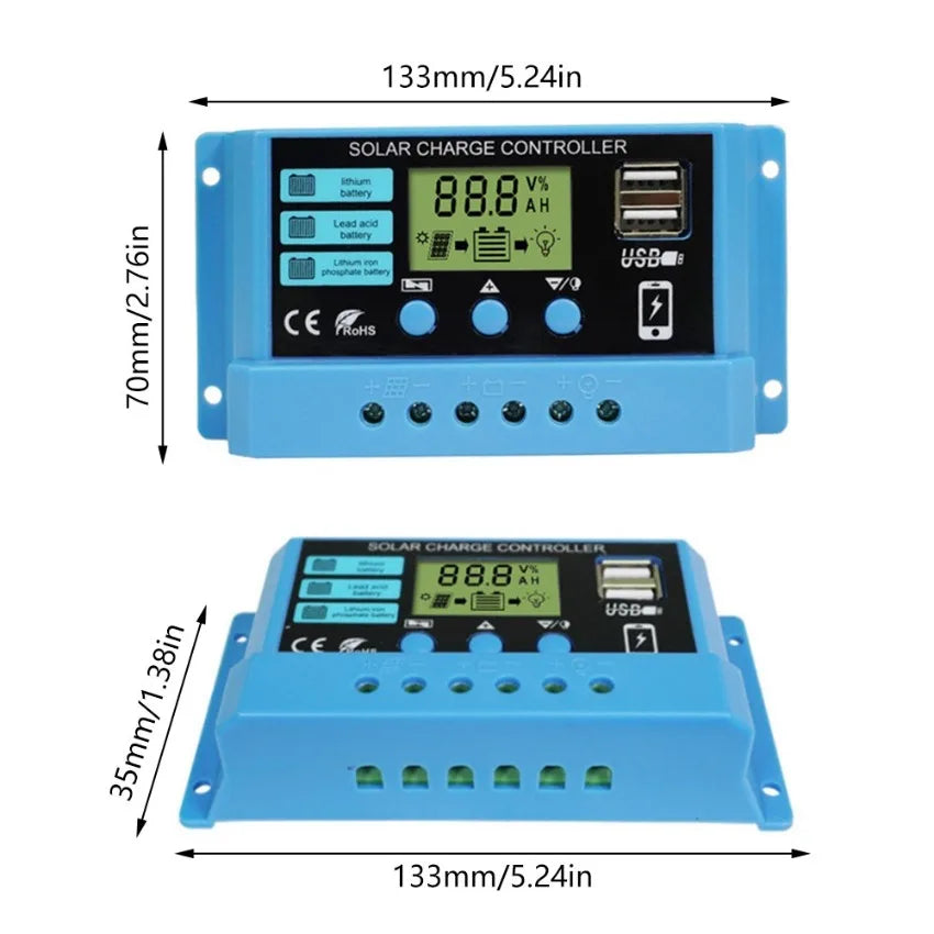 Régulateur Solaire PWM 10 à 30A 12V 24V LCD Double USB