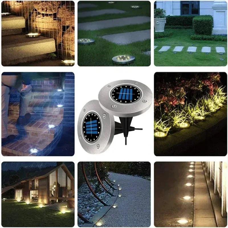 Lampe solaire disque blanc froid allumée la nuit