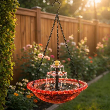 Bain d'Oiseaux Solaire Cascade avec Bol en Verre et Mangeoire