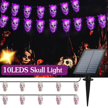 Guirlande Solaire Crâne Halloween 10 LED Étanche Extérieur
