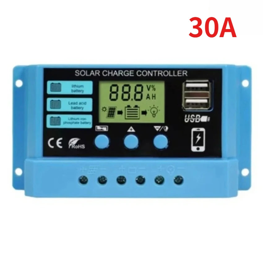 Régulateur Solaire PWM 10 à 30A 12V 24V LCD Double USB