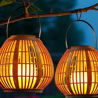 Lanterne Solaire Tissée Portable Effet Bambou – éclairage LED allumé de nuit