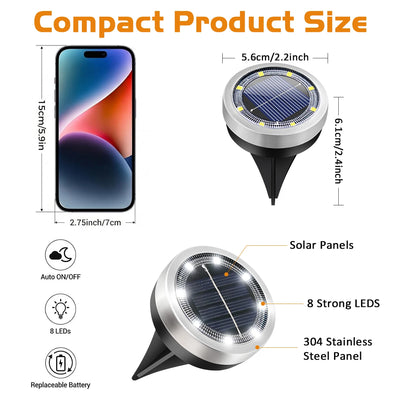 Lampe Solaire Allée 8 LED Inox Étanche IP65 Jardin Pelouse