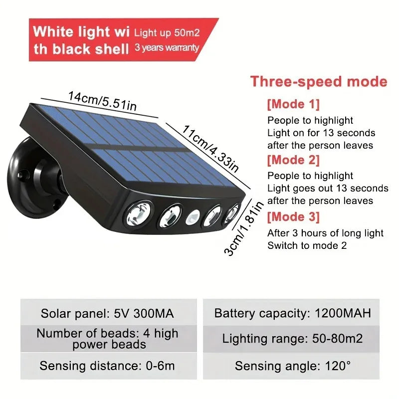 Lampe Solaire Sécurité 4 LED Extérieure Détecteur Mouvement 3 Modes