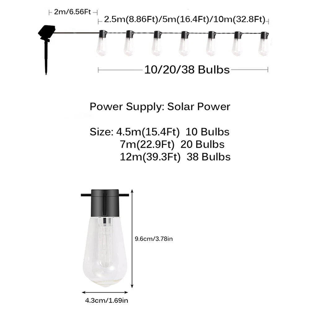 Guirlande solaire LED fée installée sur un patio