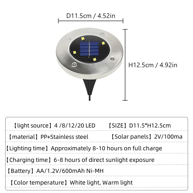 Lampe Solaire Disque Enterrée 8 à 20 LED IP65 Jardin Terrasse