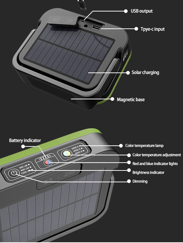 Lampe solaire de camping portable et rechargeable