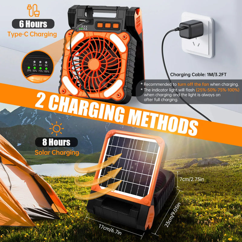 Ventilateur de camping solaire avec lanterne LED