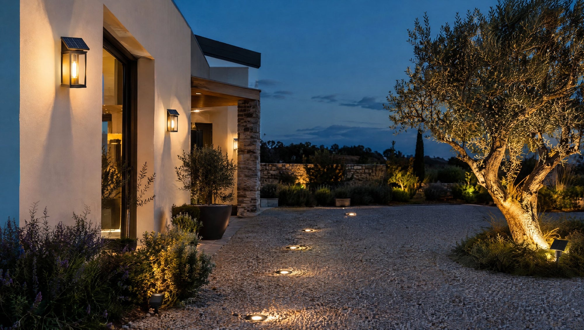 Façade de villa avec appliques et spots solaires au crépuscule
