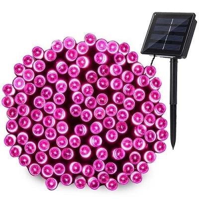 Guirlande solaire fil fée rose LED allumée jardin