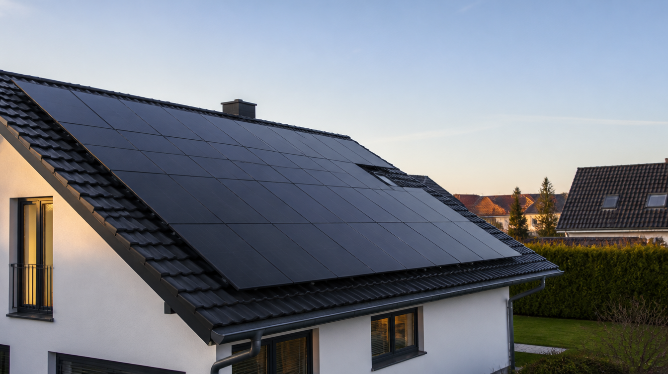 Toiture de maison européenne couverte de panneaux photovoltaïques au petit matin