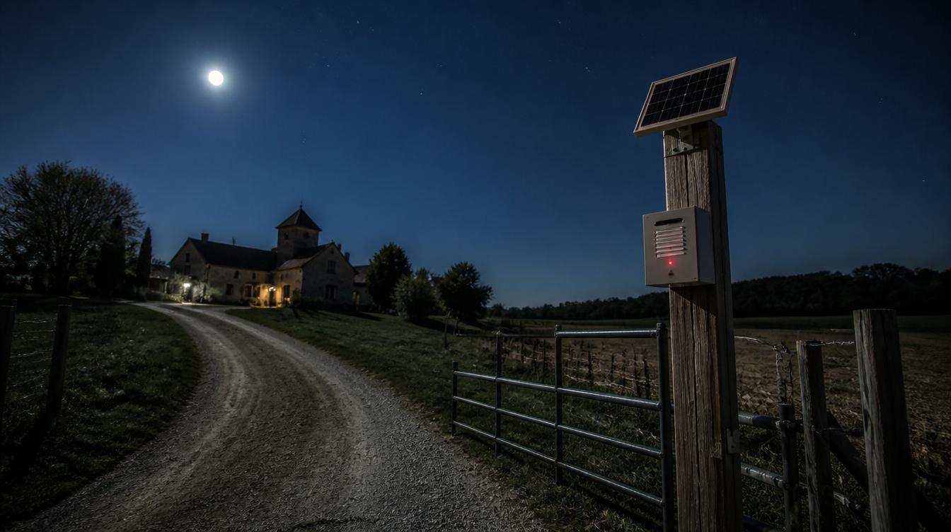Alarme solaire sans fil installée sur un poteau au bout d'une longue allée de gravier la nuit