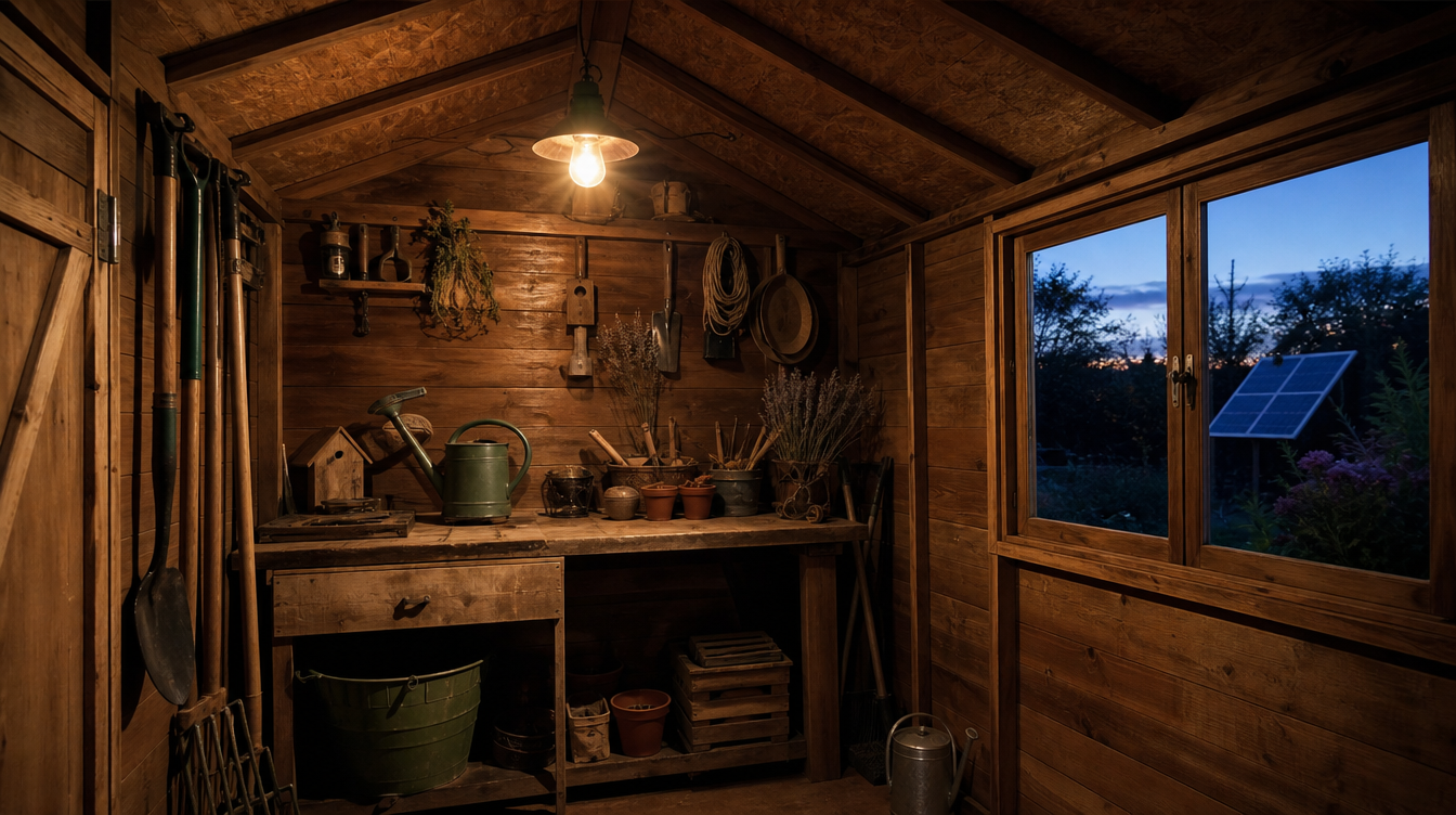 Ampoule solaire à panneau déporté éclairant l'intérieur d'un abri de jardin