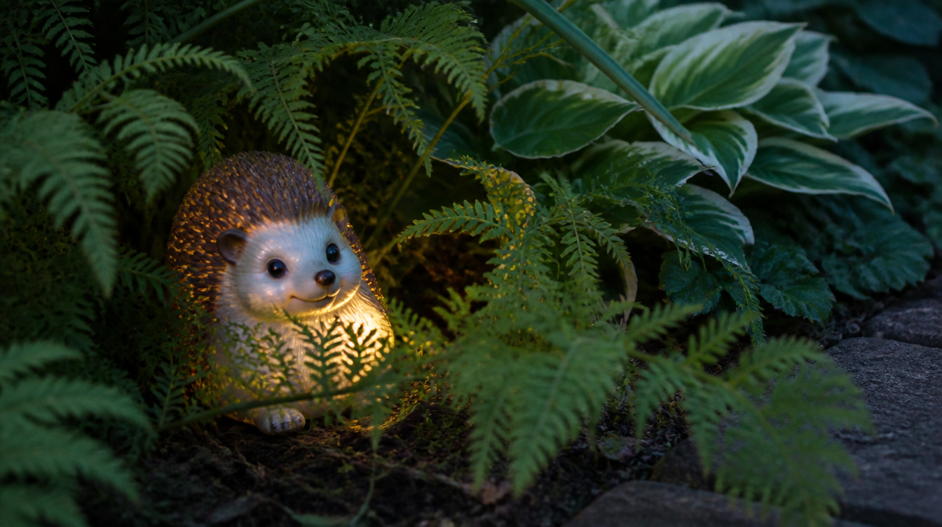 Lampe solaire animal en forme de hérisson posée dans un massif de fougères au crépuscule