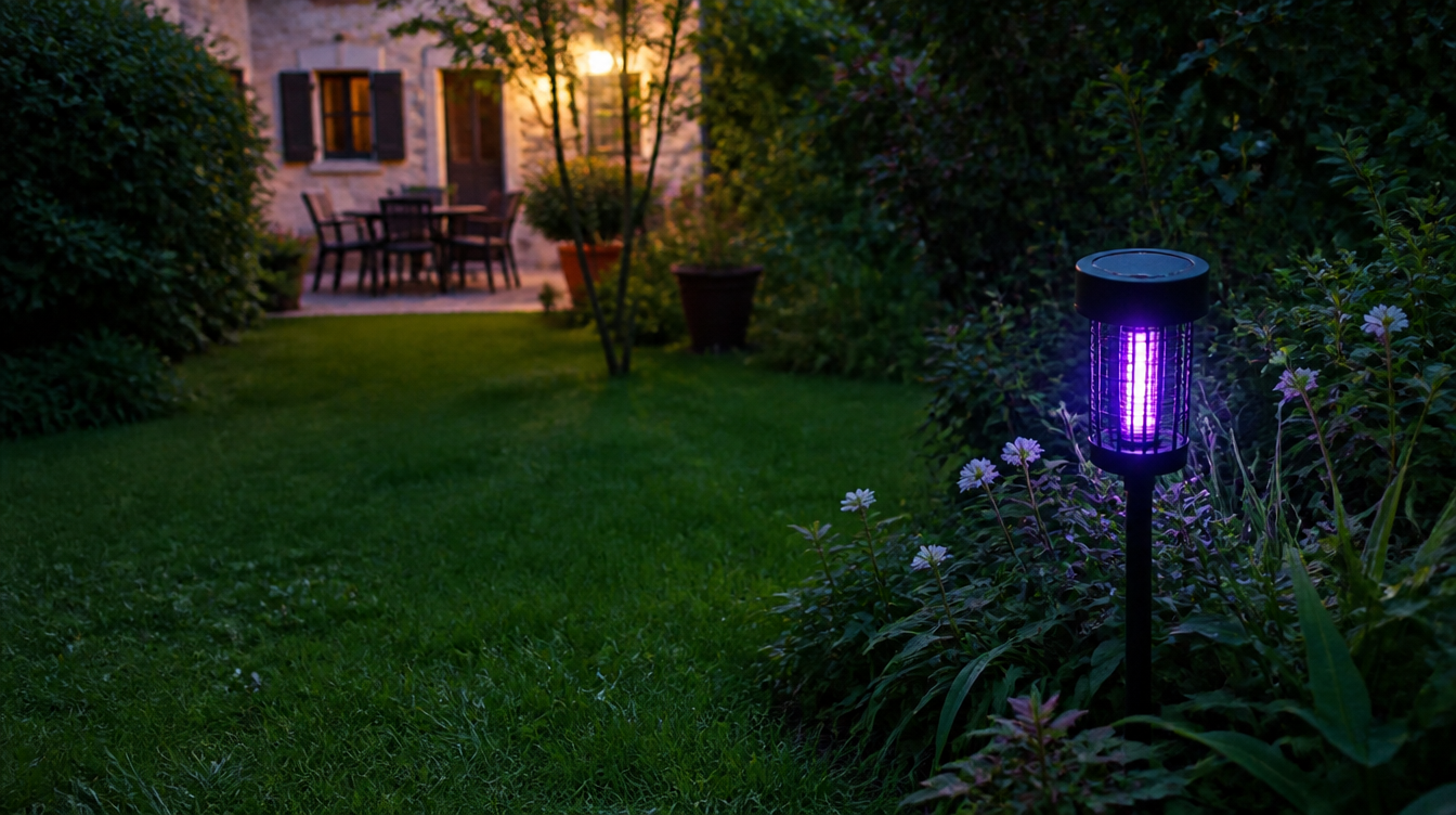 Lampe anti-moustique solaire à lumière UV plantée à distance de la terrasse au crépuscule