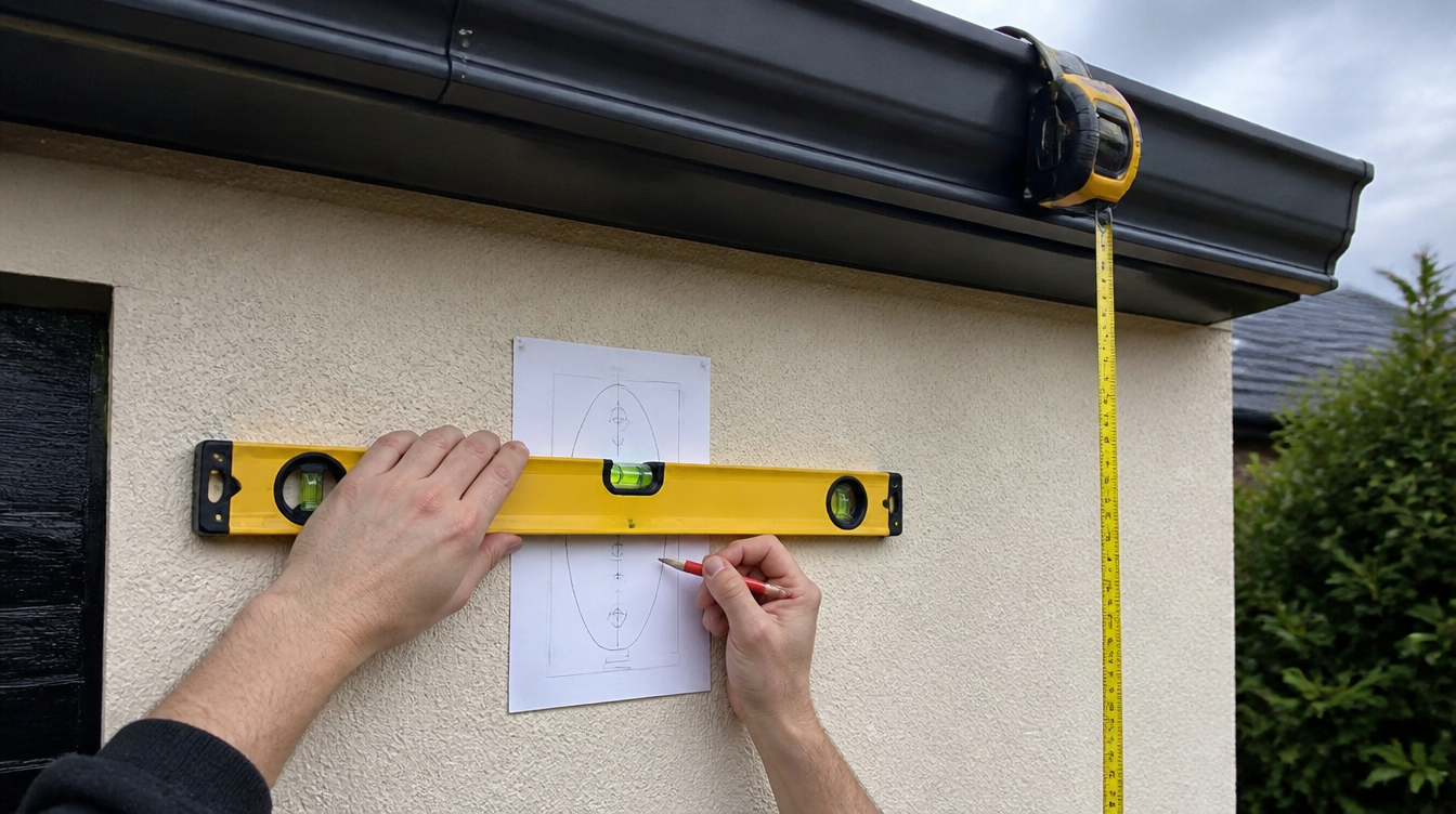 Gabarit de perçage et niveau à bulle plaqués sur un mur pour fixer une applique solaire