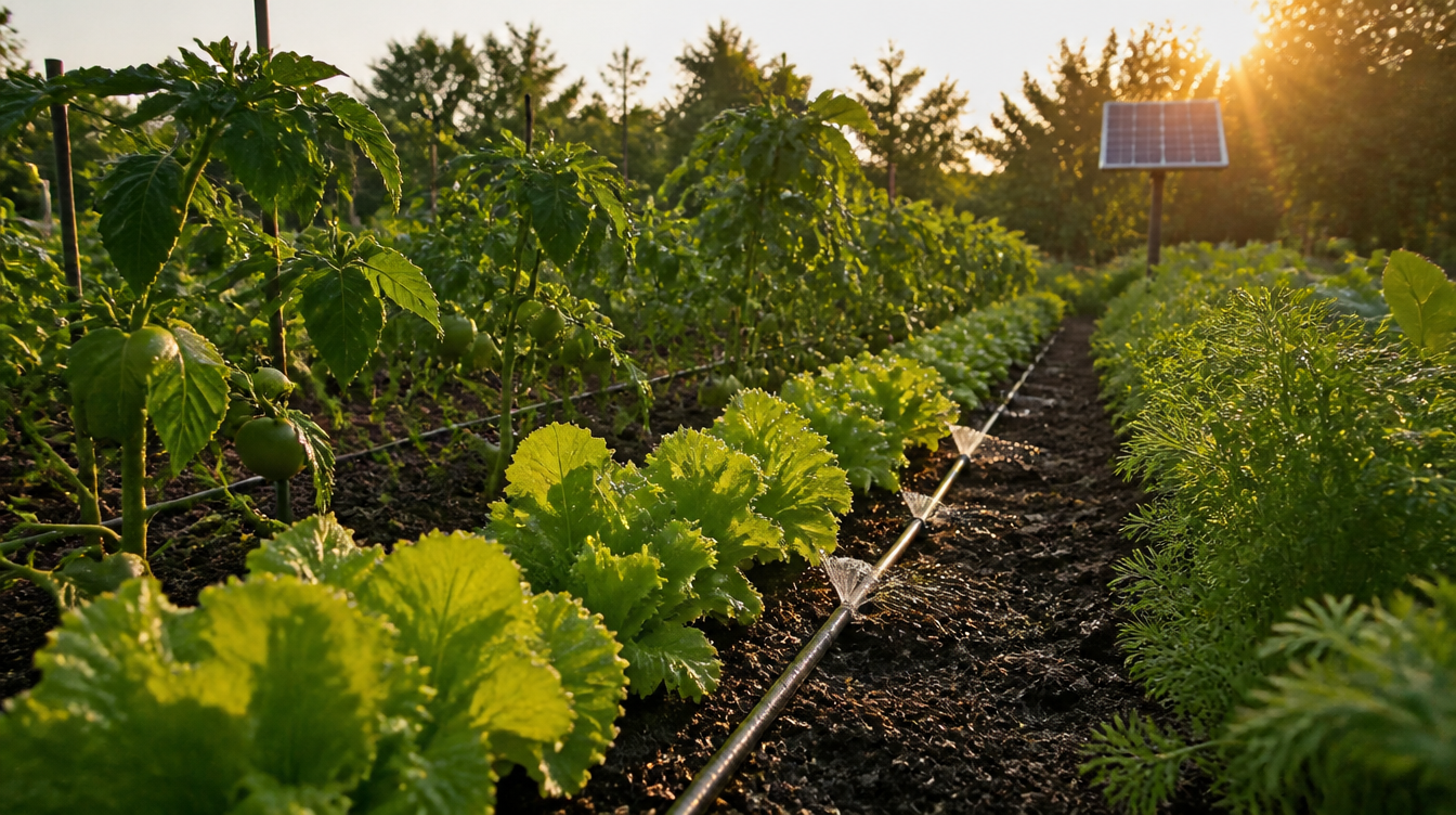 Arrosage automatique solaire goutte à goutte dans un potager au lever du jour