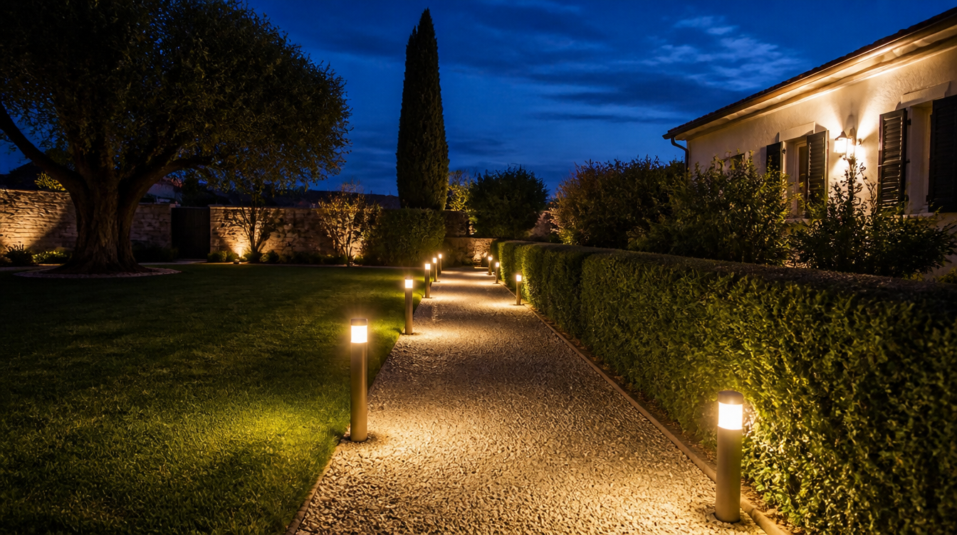Allée de jardin bordée de bornes solaires allumées au crépuscule