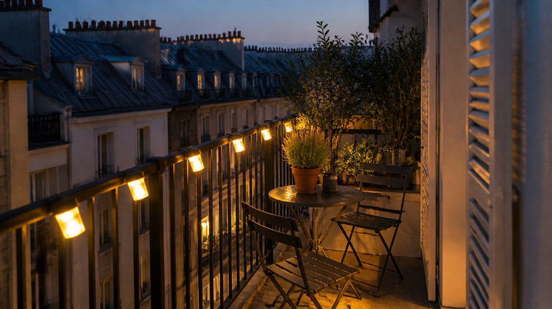 Lampes solaires de balcon fixées le long du garde-corps d'un appartement à la tombée de la nuit