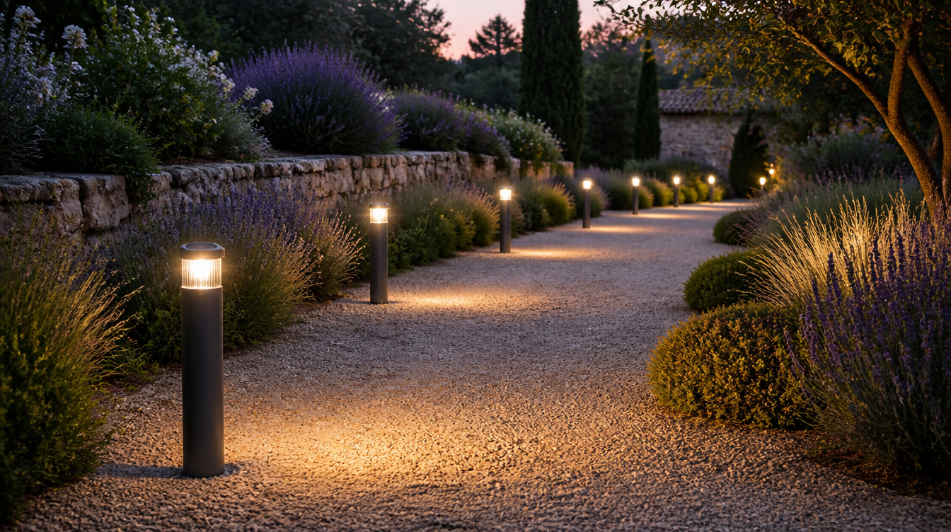 Rythme régulier de bornes solaires identiques le long d'une allée de jardin au crépuscule