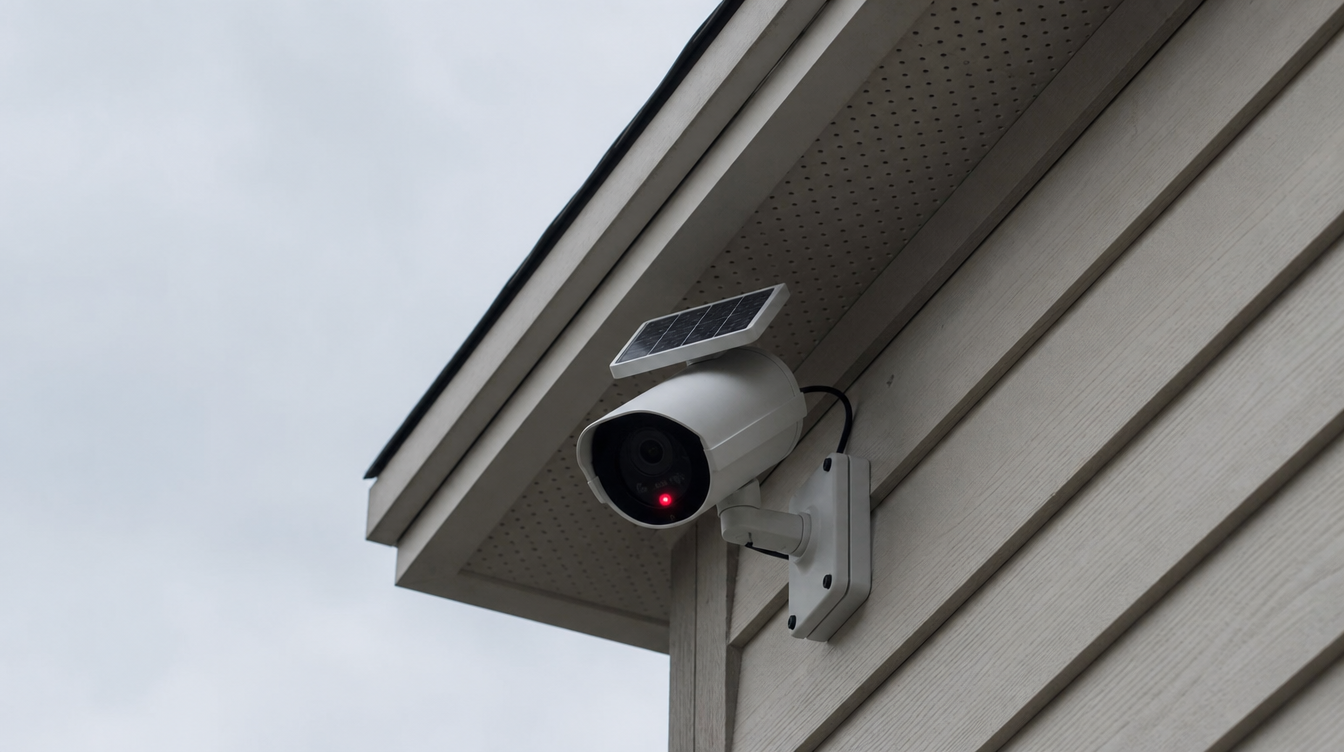 Caméra factice solaire installée en hauteur sur l'angle d'une façade extérieure