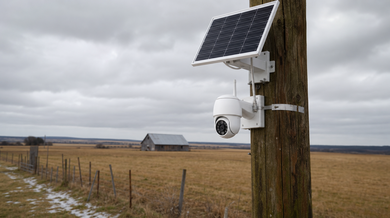 Caméra solaire 4G autonome installée sur un poteau pour surveiller un terrain isolé sans WiFi