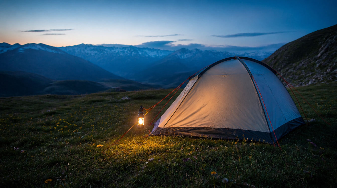 Lampe solaire de camping suspendue à la haubanage d'une tente en bivouac de montagne au crépuscule