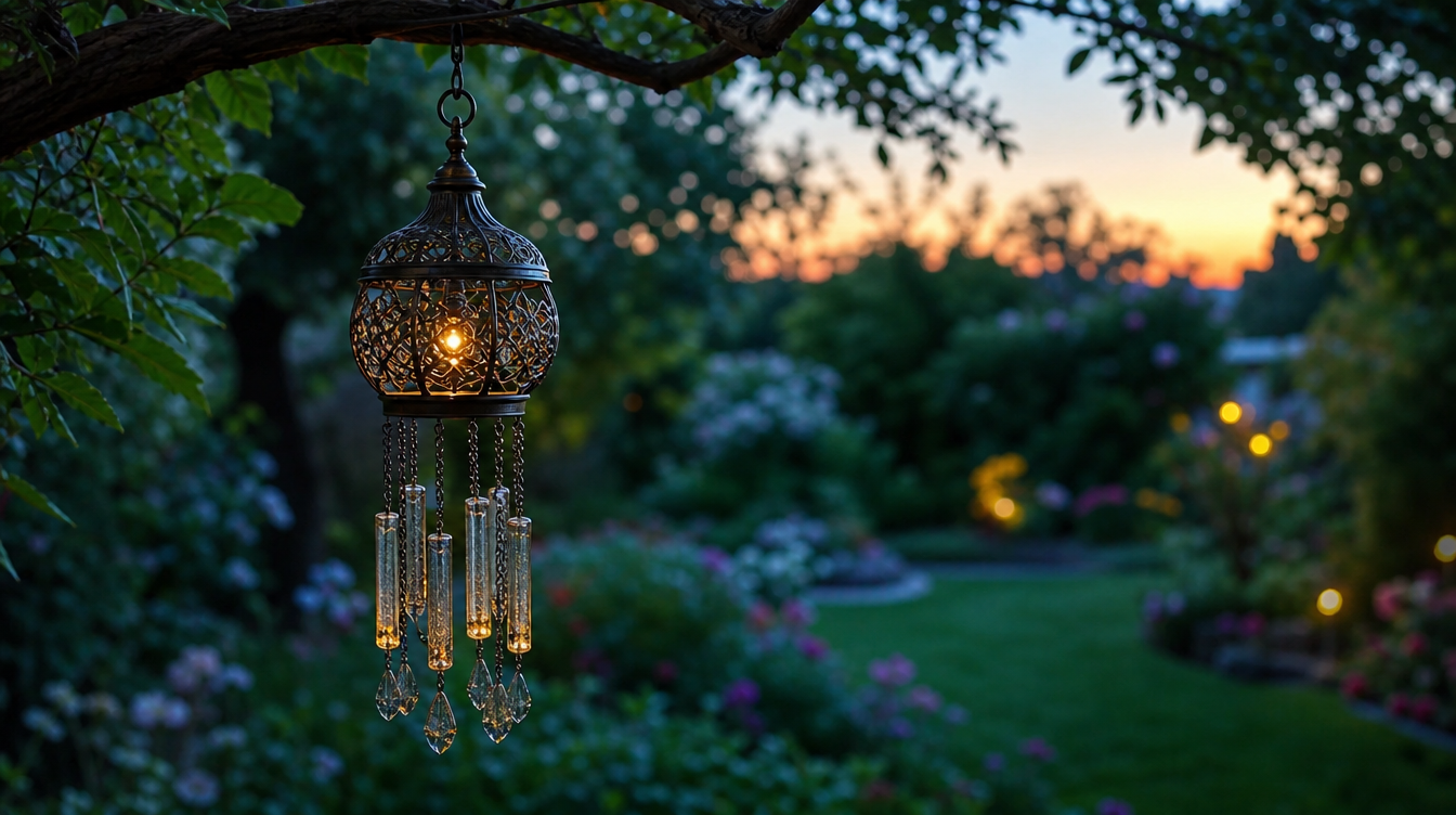 Carillon solaire lumineux suspendu dans un jardin à la tombée de la nuit