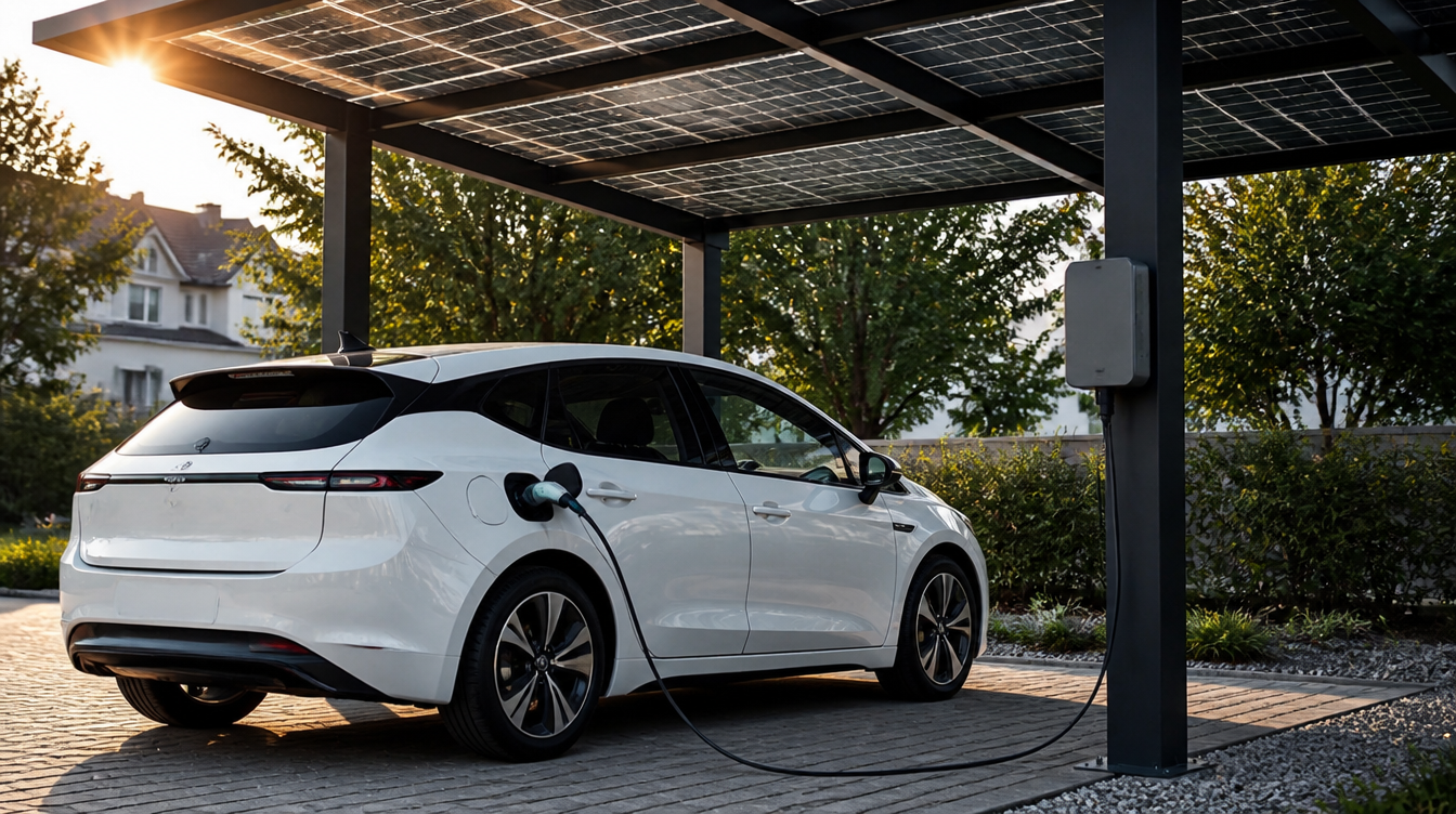 Voiture électrique en recharge sous un carport solaire avec borne sur le poteau